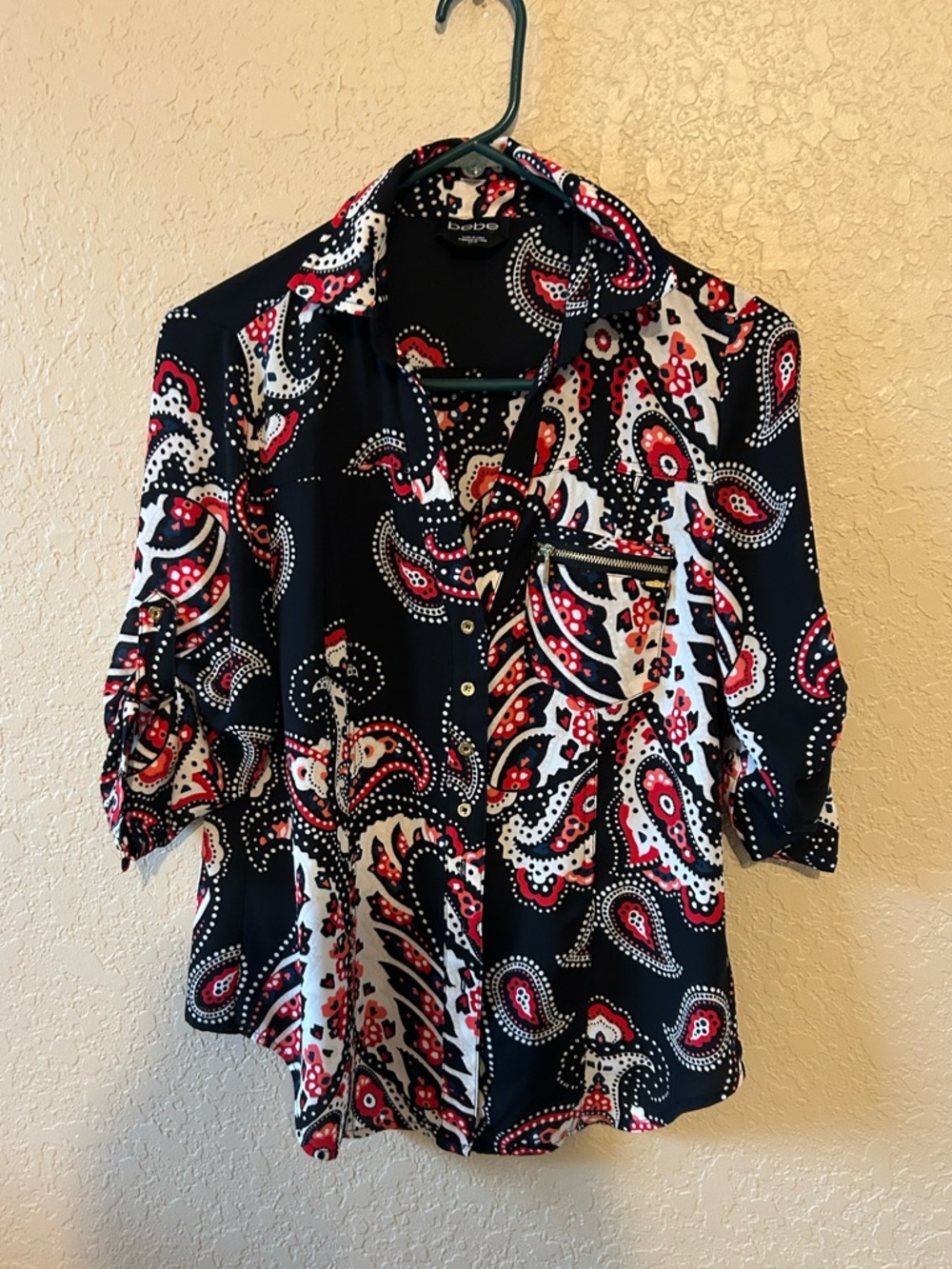 Bebe floral bohemian Black Paisley Button-Down Shirt with Red & White Accents